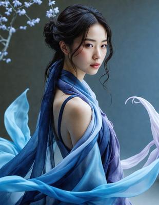 The primary subject of the image is a woman wearing a blue dress. She is standing in front of a gray background, which creates a contrast with her outfit. The visual style of the image is a combination of photo and digital art, giving it a unique and artistic appearance. The woman's outfit and the overall atmosphere convey a sense of elegance and sophistication.